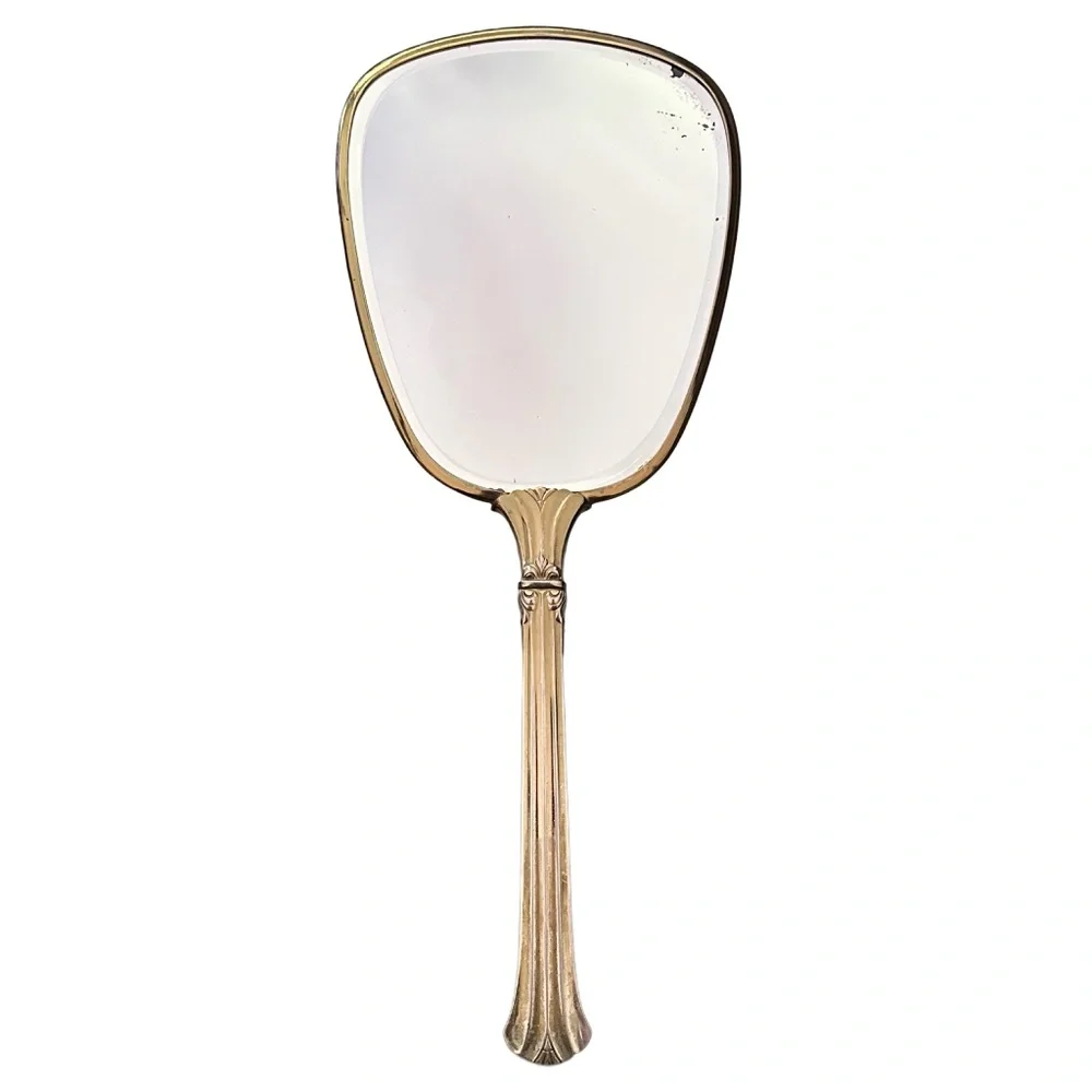 Vintage Art Deco Hand Held Gold Plated Vanity Mirror 13” Floral